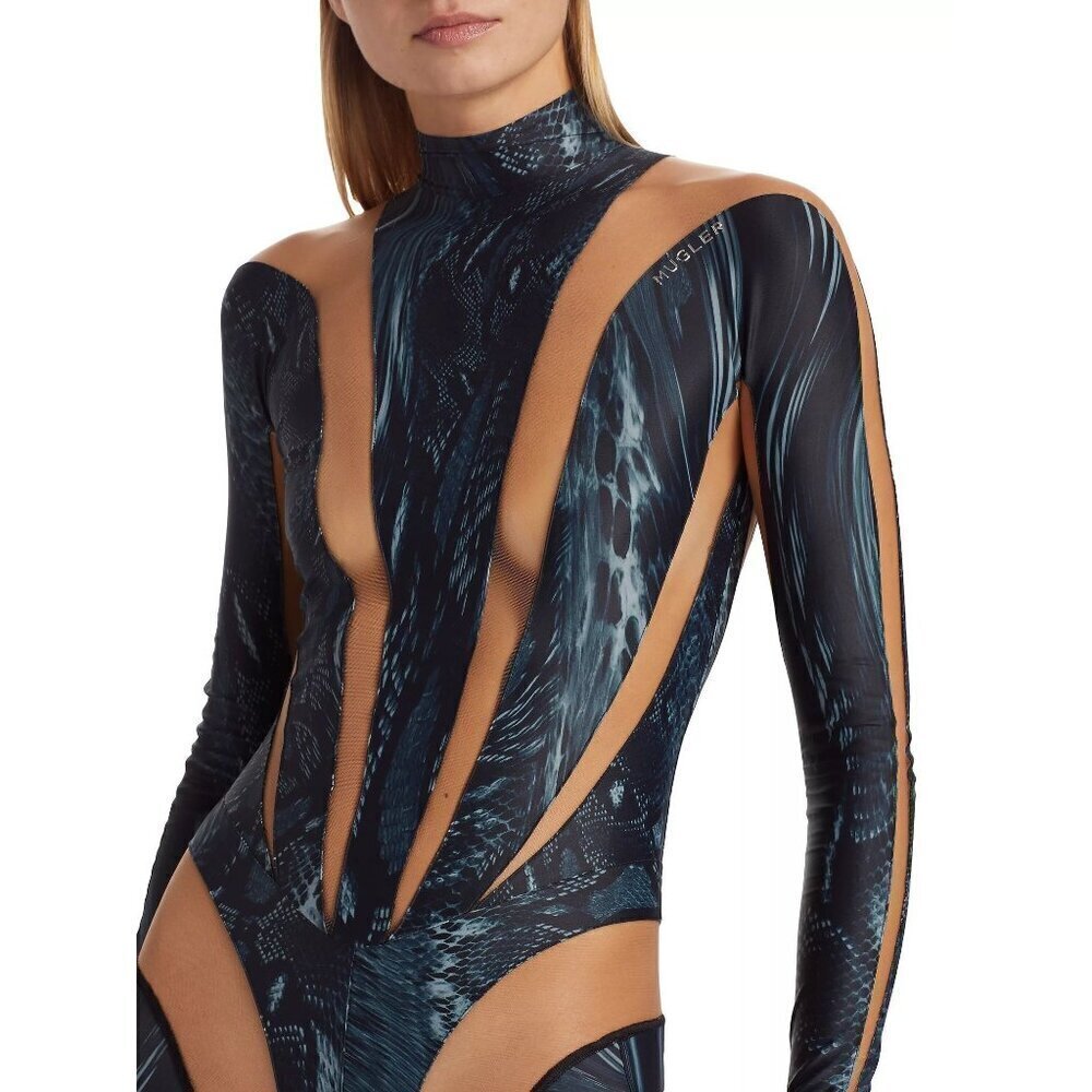 MUGLER Womens Long Sleeve Jumpsuit in Warped Snake Black Nude 34 New Catsuit - Picture 12 of 16